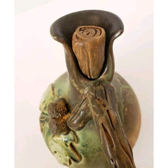 Vintage Artisan Pottery Ewer Jug w/ Stopper Oak Leaves Acorn Twig Fall Signed - Picture 8 of 14